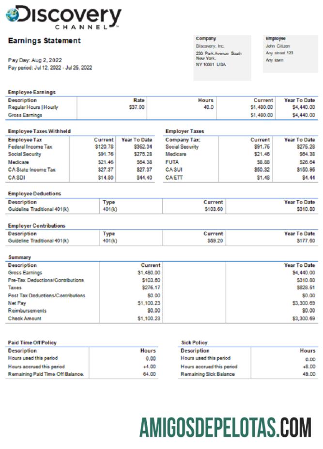 Recibo de pagamento da empresa de entretenimento USA Discovery Inc. baixar para verificação